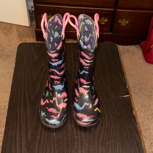 Kids Waterproof Black Rain Boots with Pink Trim and Dino Print